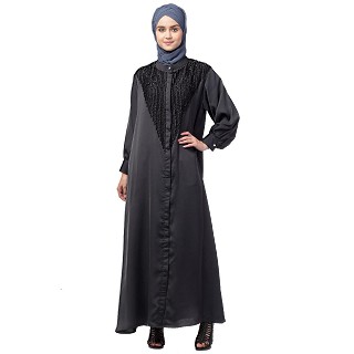 Premium Front open abaya with diamond beads- Grey